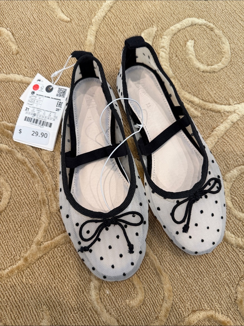 Zara Girls Polka Dot Mesh Mary Jane Flats - Size 31